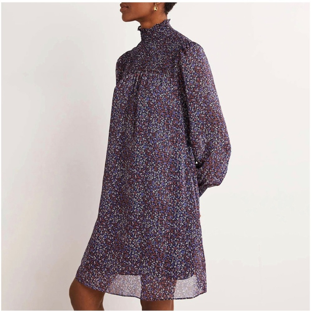 Boden Smocked Neck Metallic Dress (Navy)